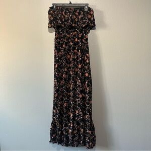 JUSTIFY- Strapless Floral Orange and Black Maxi Dress Size L